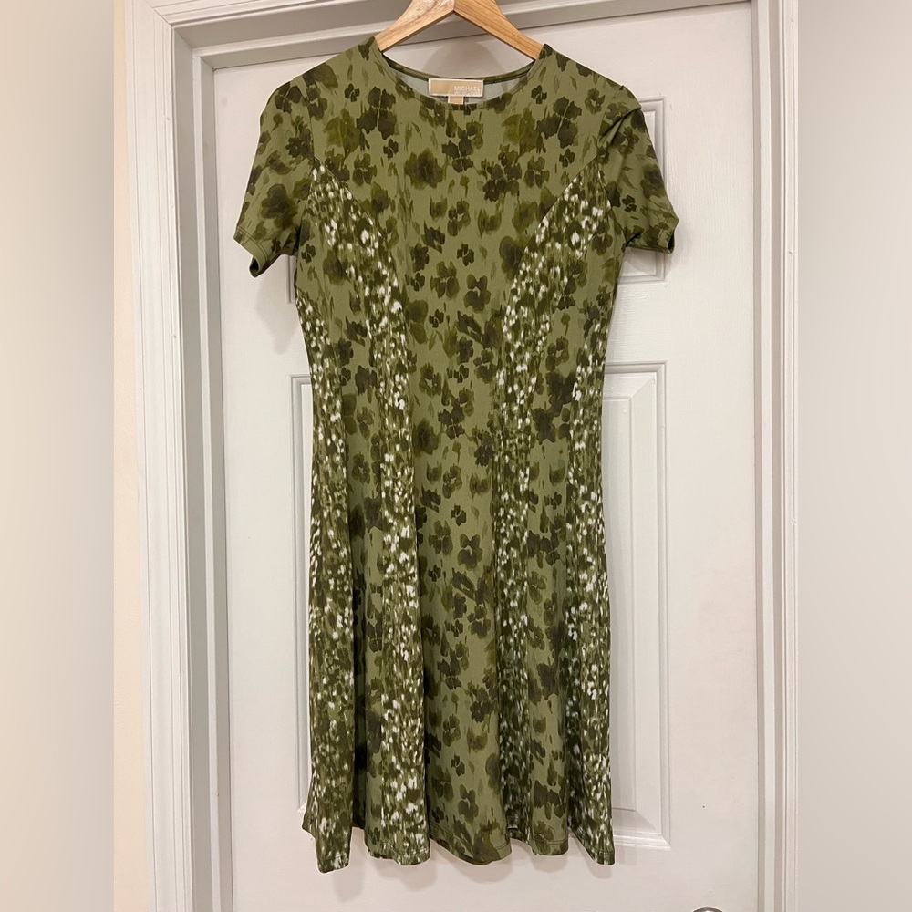 Michael Kors Olive Green Floral Short Sleeve Dress Size Small